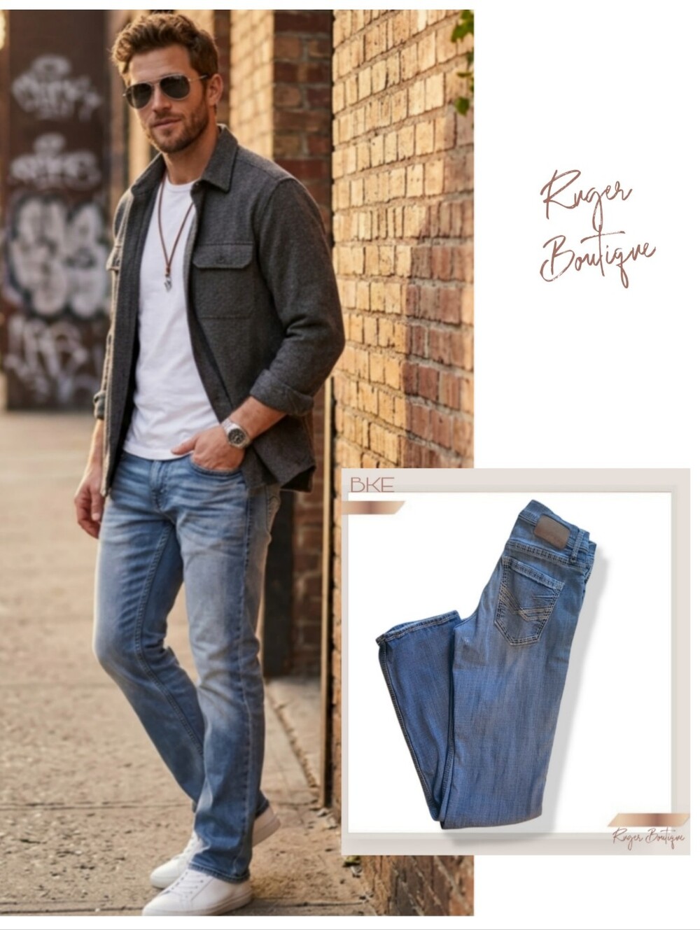 🌿BKE Jake Mens Mid Blue Wash Straight Leg Denim Jeans 30x34